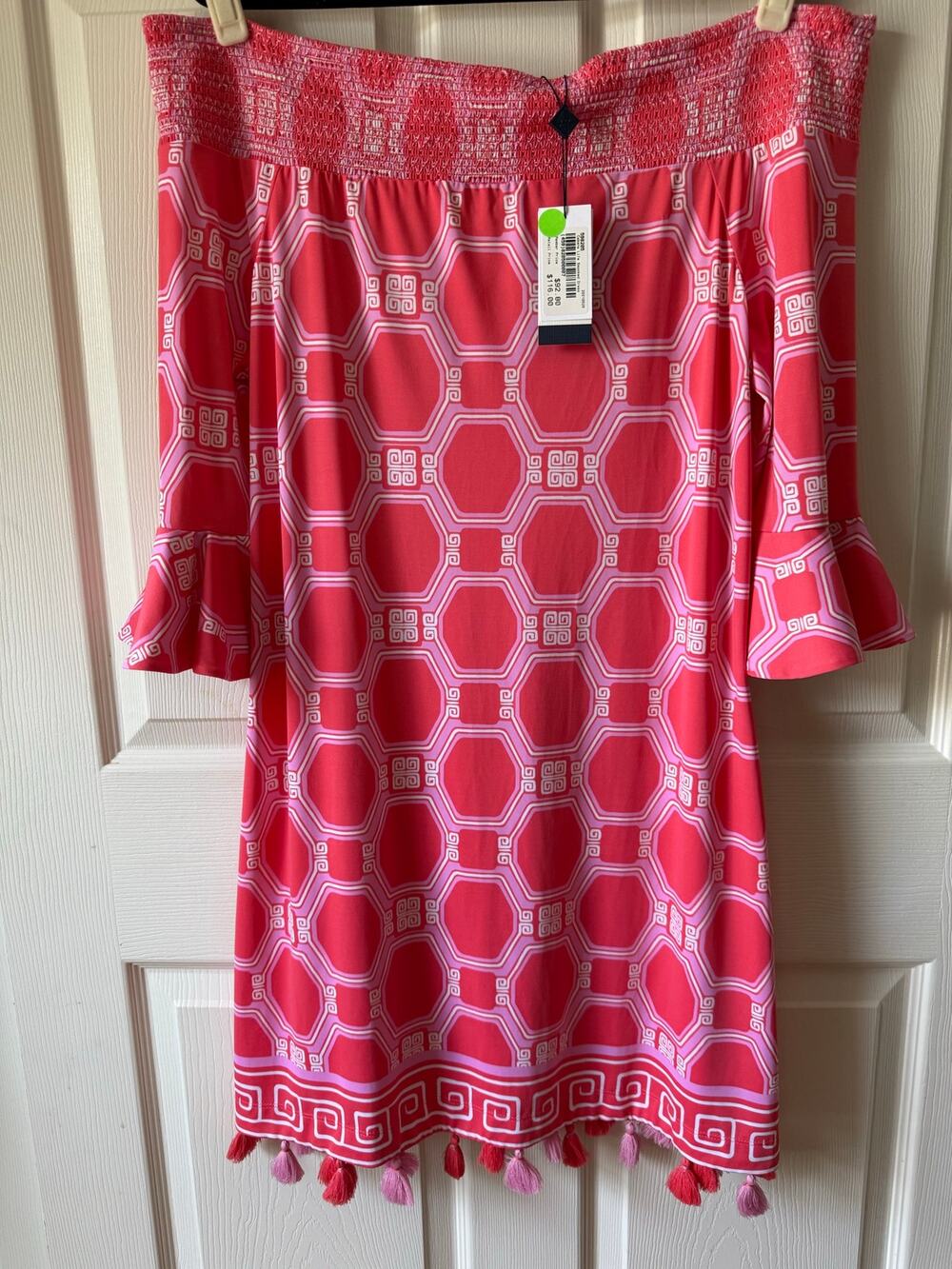 Cabana Life Coverluxe Smocked Off Shoulder Dress‎ Pink Geometric UPF 50+ XL NWT